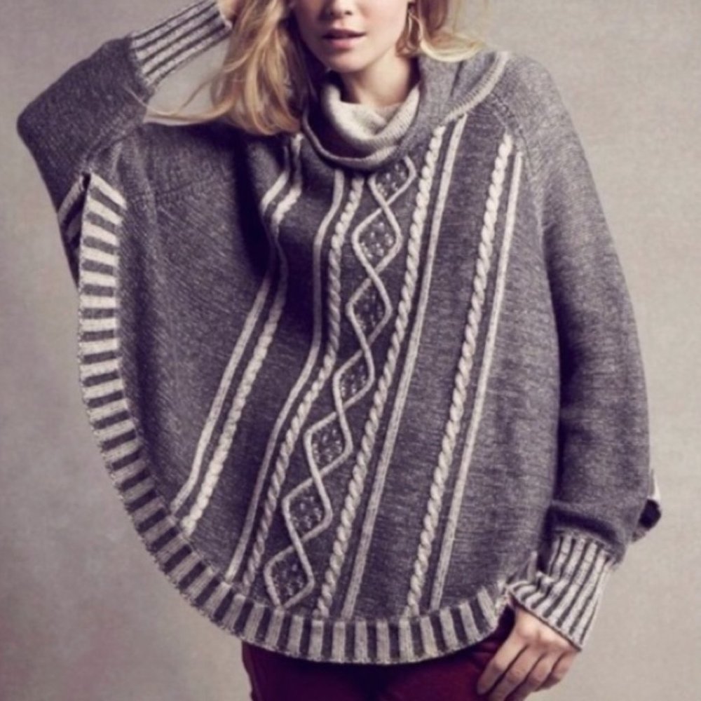Anthropologie Gray Cable Knit Poncho with Cream Stripes